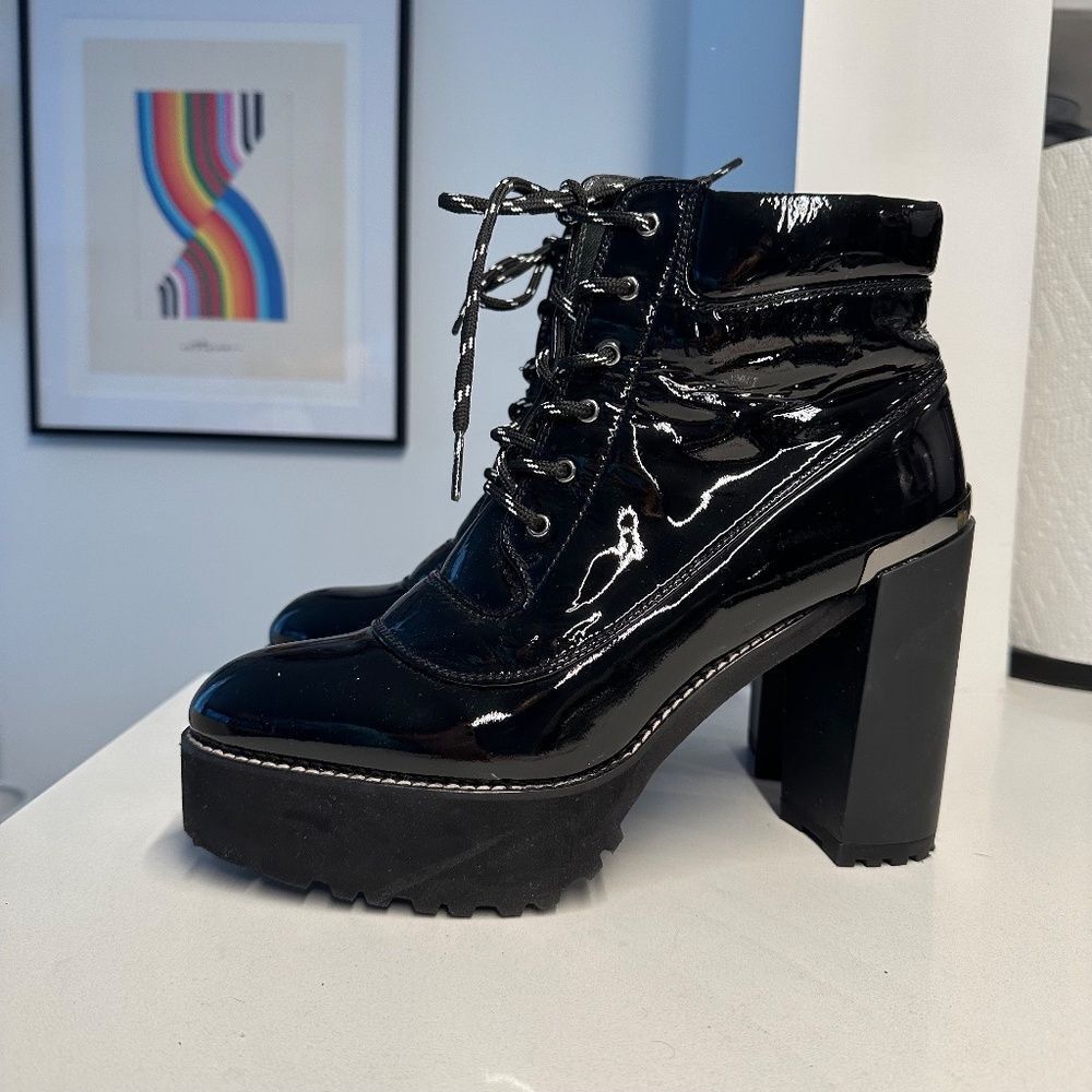 Stuart Weitzman Black Patent Leather Rugged Platform Combat Booties Size 9 - Picture 6 of 13